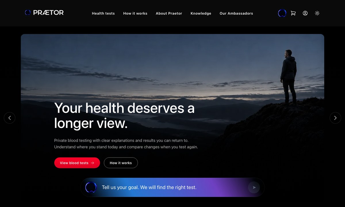 Praetor on the PRÆTOR Health home page, ready to take a question.