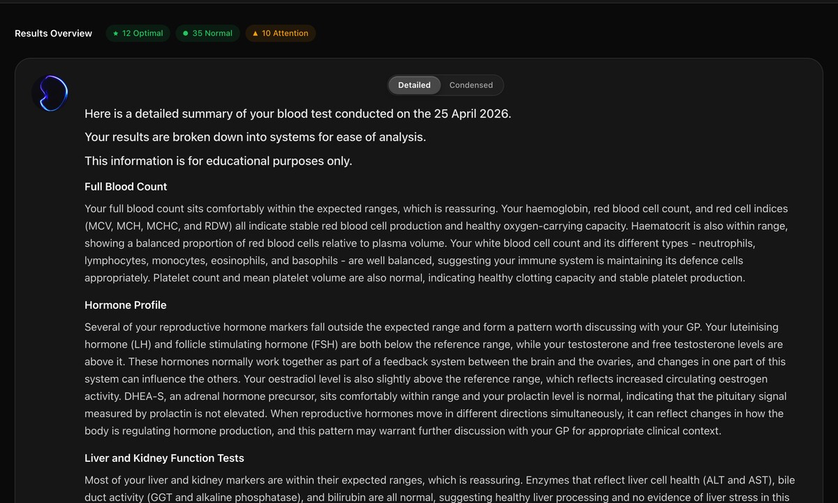 A Praetor-generated summary of a blood test report, with a follow-up chat panel beneath it.