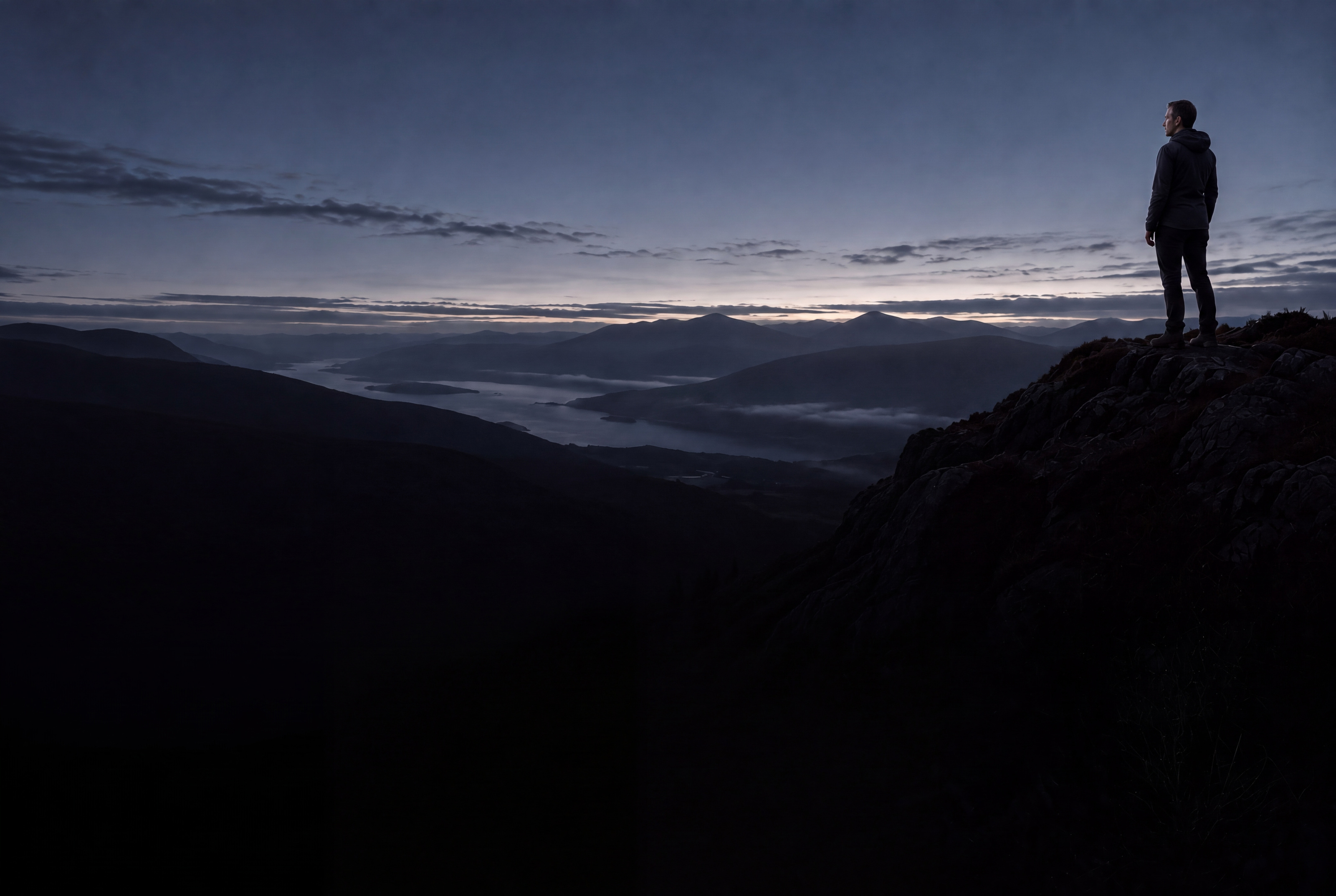 A man stands on a ridge before dawn, looking out over a misty loch and distant hills